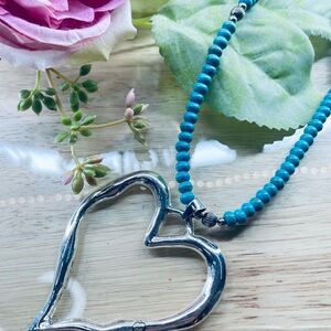 Silver Heart Pendant Necklace with Turquoise Beads